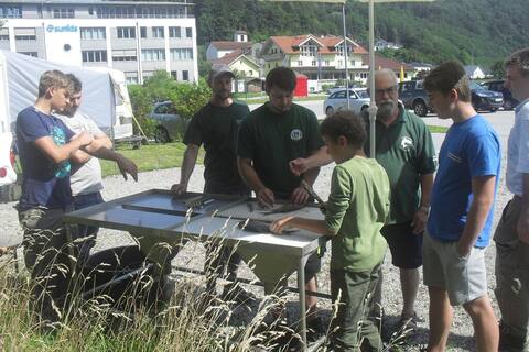Workshop an der Erlau 2018: Teilnehmer beim Ausnehmen der Fische